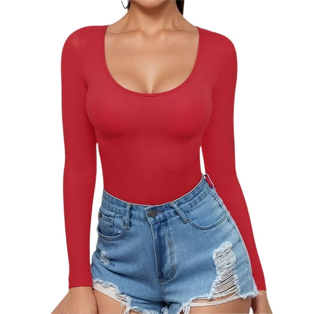 T-shirt Tunique pour Femmes à Encolure Dégagée, Manches Longues, Coupe Ajustée, Rouge, TTG