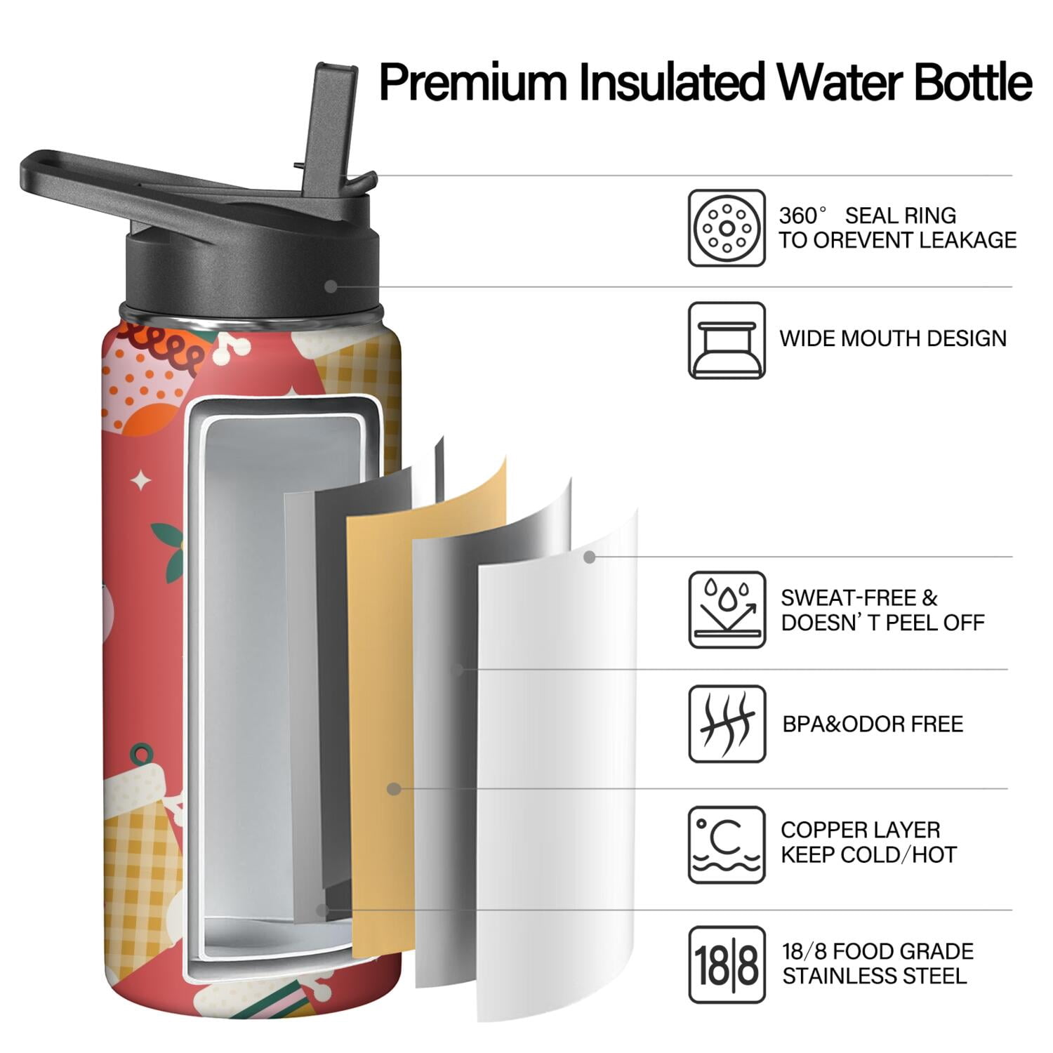 Christmas 18 oz Insulated Stainless Steel Water Bottle with Straw & Cleaning Brush , Leakproof, BPA-Free, 304 Stainless Steel, Wide Mouth, Travel Mug for Car, Gym, Office