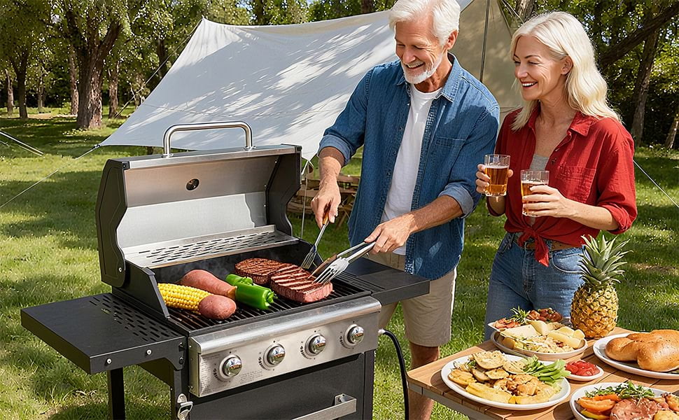Fehomix 4-Burner Propane Gas Grill with Storage Cabinet & Side Shelves, Outdoor BBQ Grill with Stainless Steel Lid, Pull-Out Grease Tray and Large Wheels for Patio Backyard