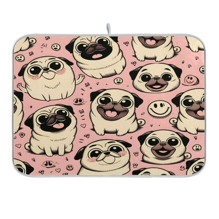 

Dish Drying Mat Kitchen Counter Happy Pug Dog Dishes Drainer Pad Absorbent Microfiber Reversible 16 x18