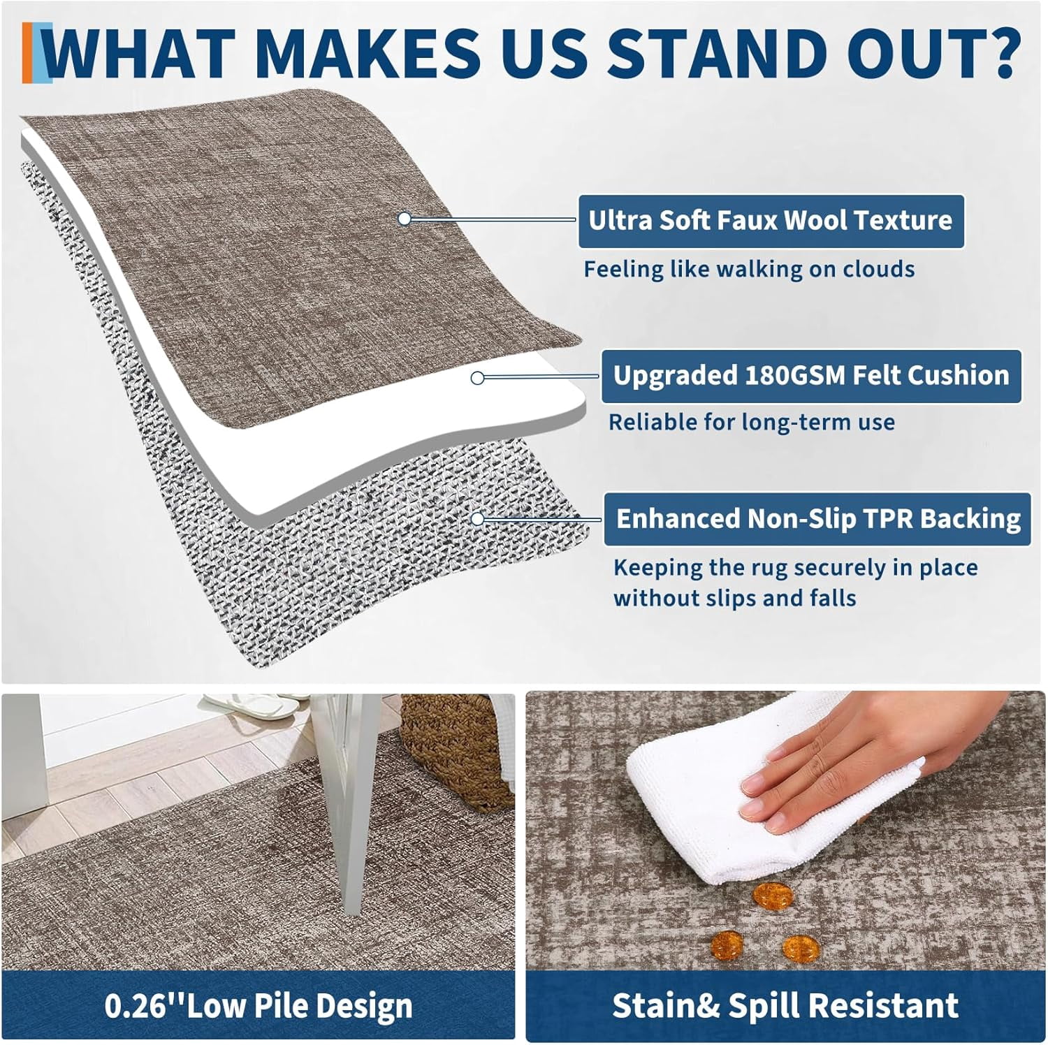 Memoryfield 8' x 10' Washable Area Rug, Stain-Resistant Low Pile Non Slip Carpet, Floor Mat for Living Room Bedroom Home Office, Brown