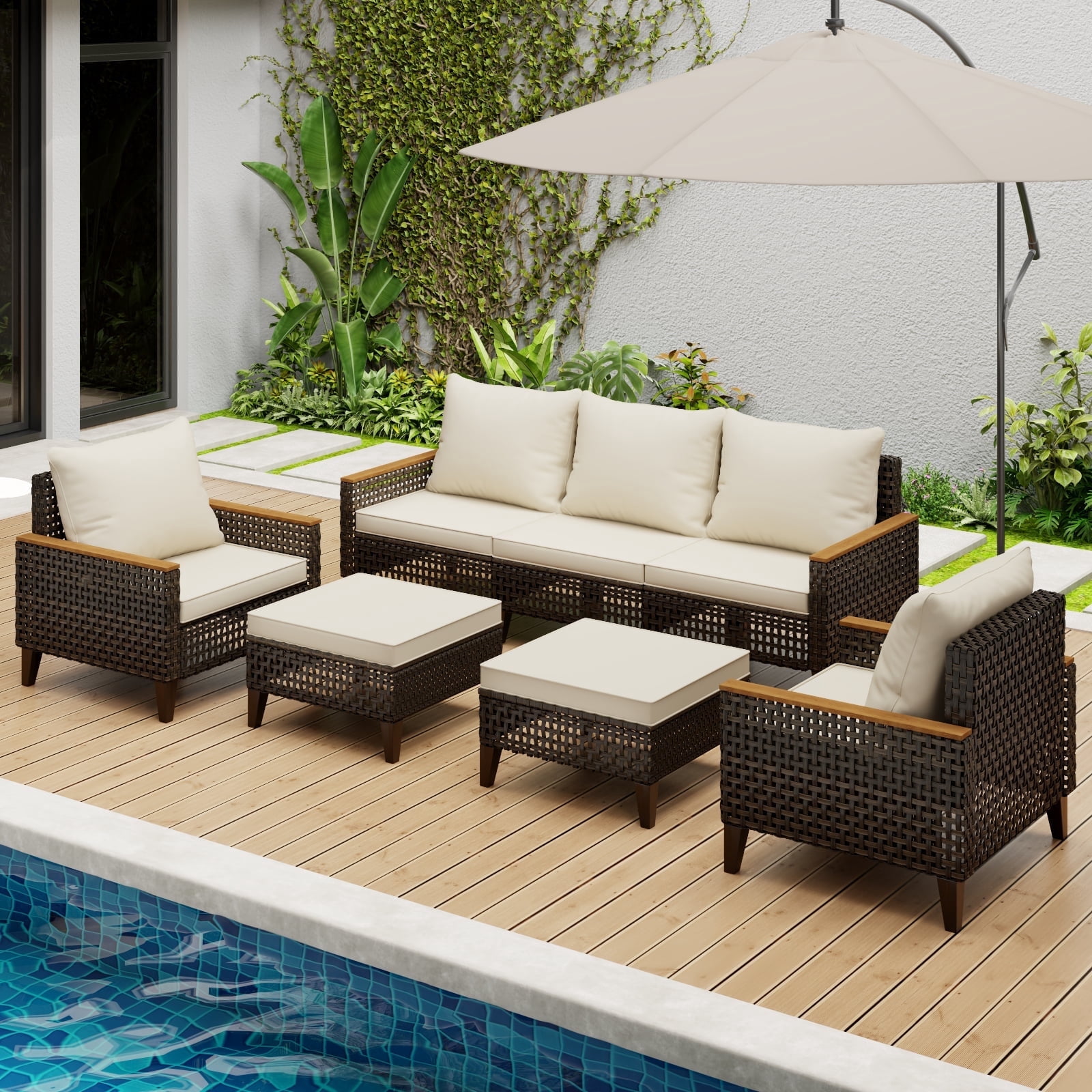 Wallowsun Patio Furniture Set,7 Pieces Outdoor Sectional Sofa Set,All-Weather Wicker Rattan High Back Patio Conversation Set with Ottomans and 4" Thick Cushions for Pool Patio Backyard, Beige