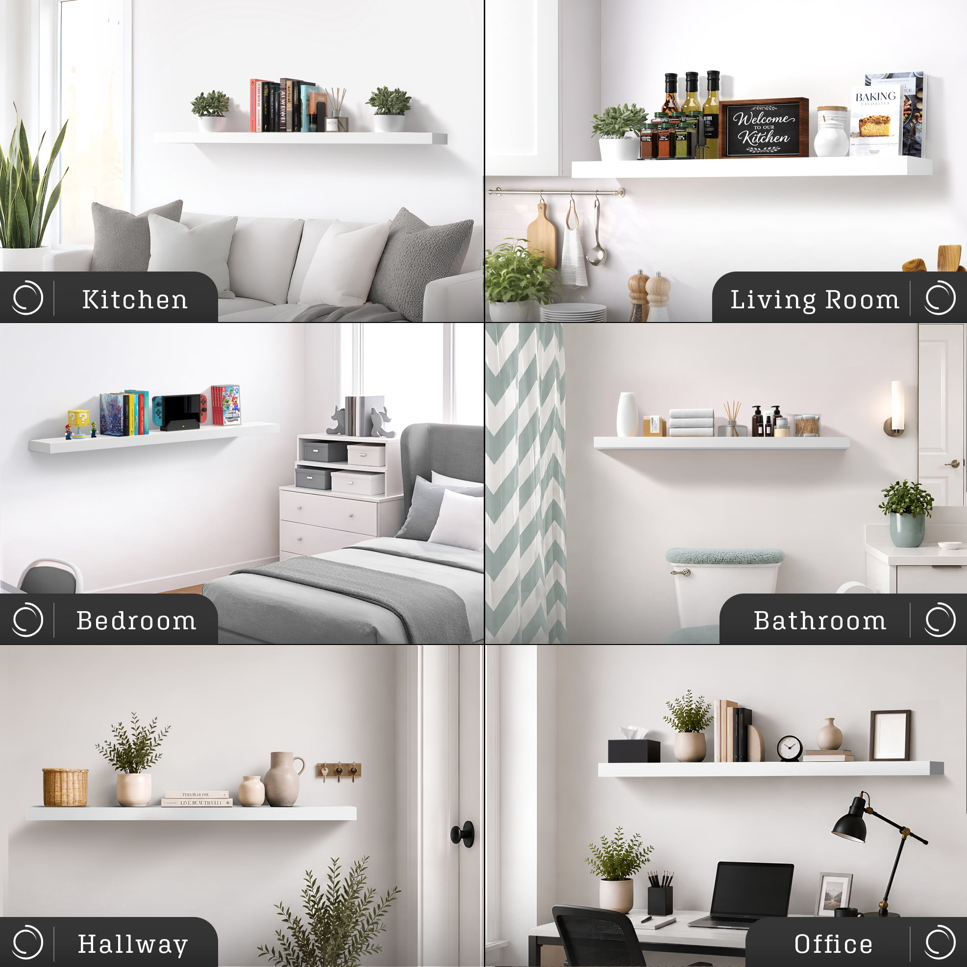 Sorbus 55" Floating Wall Shelf, White, Invisible Brackets, Bathroom, Bedroom & Home Decor