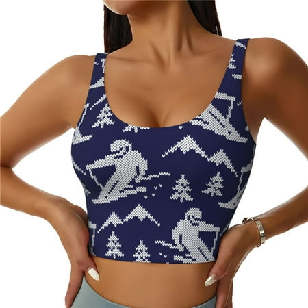 Qokaie Abstract Skiing Pattern Womens Scoop Neck Sports Bra Breathable Workout Vest Padded U Back Medium Impact Fitness Gym Yoga Bra Workout Crop Top-X-Large