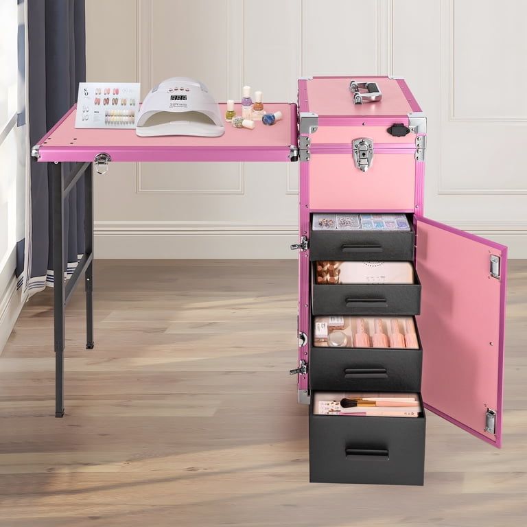 Rolling Manicure Table Nail Desk Travel Train Case Cosmetic
