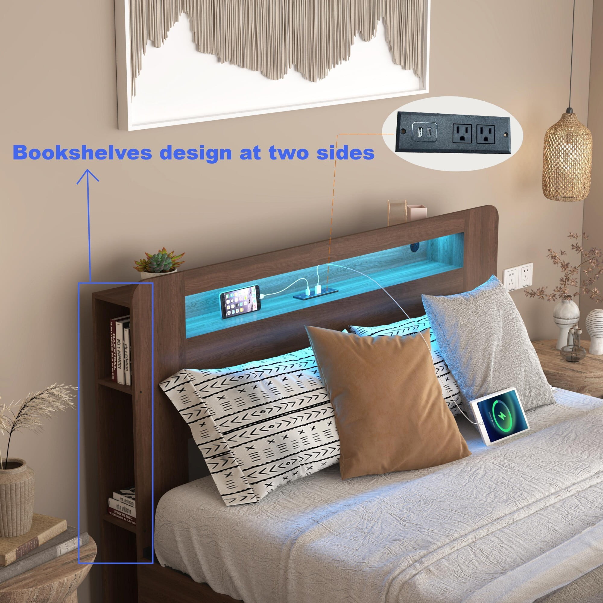 AENKYO Full Size Bed Frame with Bookshelf Headboard, Charging Station, 2 Drawers & Smart LED Lights, Walnut Color