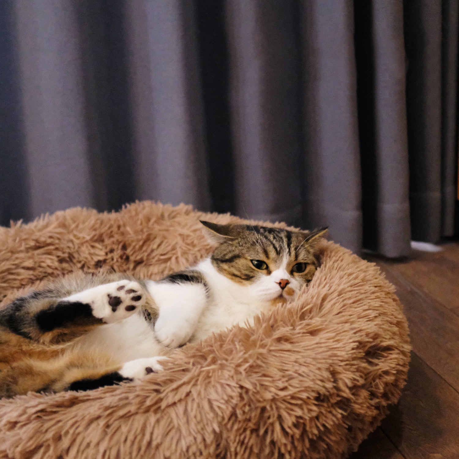 Calming Dog & Cat Bed, Anti-Anxiety Warming Cozy Soft Round Bed, Fluffy Faux Fur Plush Cushion bed for Cats Small Medium Dogs Brown XL