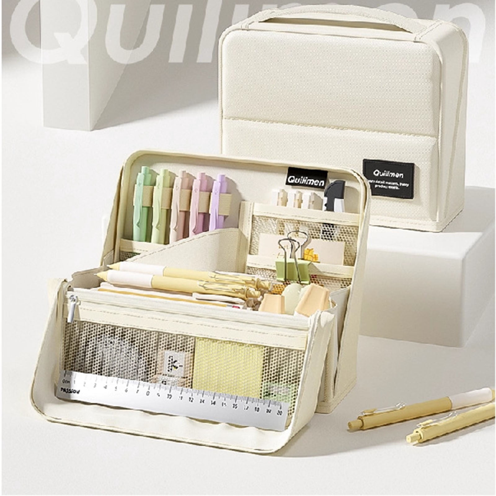 BNNG Standing Pencil Case Large Capacity Zippered Pen Bag, Multi-Layer Pen Pouch Pencil Holder Stationery Organizer, Polyester Pencil Bag Storage Box Desk Organizer