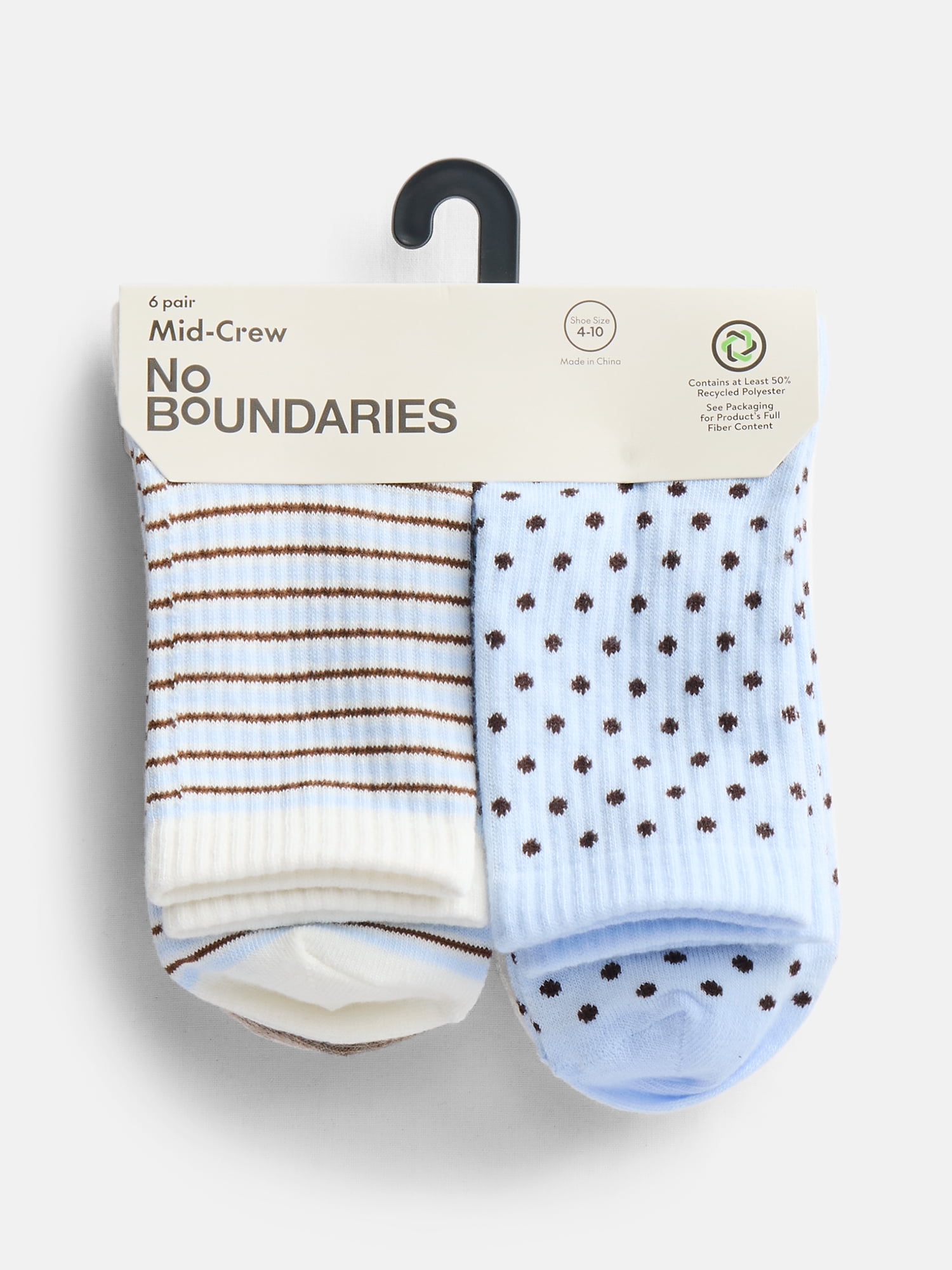 No Boundaries Women's Ribbed Mid Crew Socks, 6 Pack, Shoe Sizes 4-10
