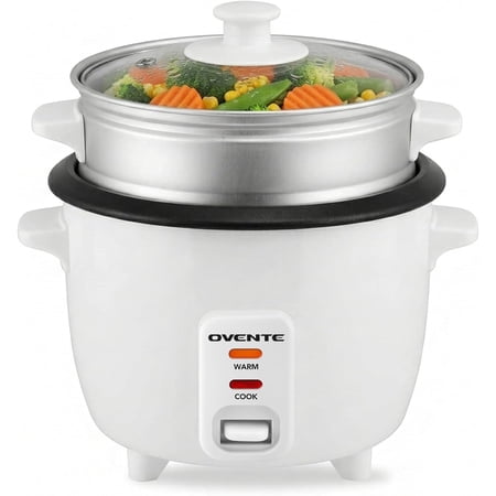 OVENTE Electric Rice Cooker and Food Steamer – 10-Cup Cooked Capacity (5 Cups Uncooked), Nonstick Removable Pot, Keep Warm Function, Steaming Basket, Measuring Cup & Spatula Included, White RCS01W