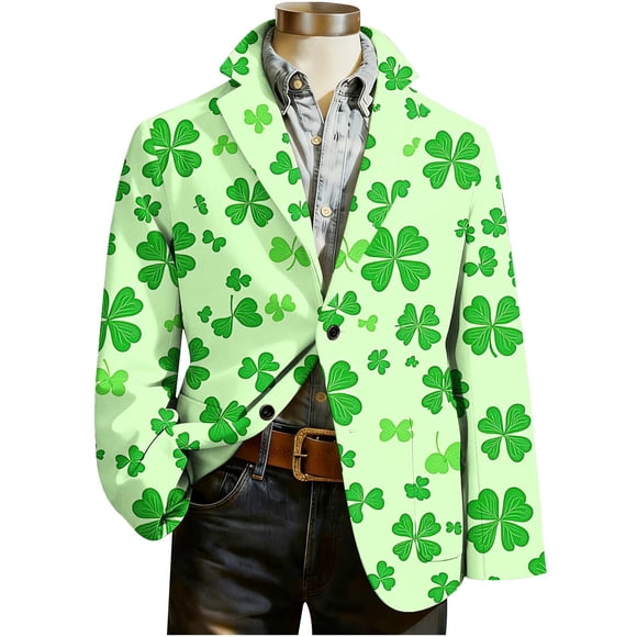 Wo-Fusoul St. Patrick's Day Blazer for Men, Casual Long Sleeve Button-Down Outwear with Print, Light Green L
