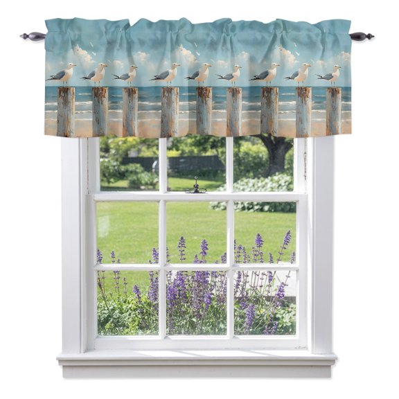 Coastal Seagull Valance Curtains, Seabird Rod Pocket Short Window Curtain for Kitchen Bathroom Bedroom, 60"x18"