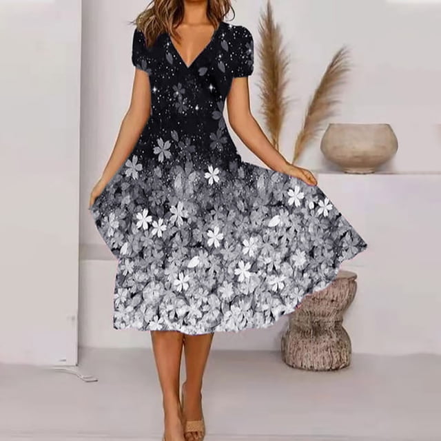 Robes pour Femmes 2024 Été Ample Décontracté Imprimé avec Poche Col en V Manches Courtes Robe 50 % de Réduction!