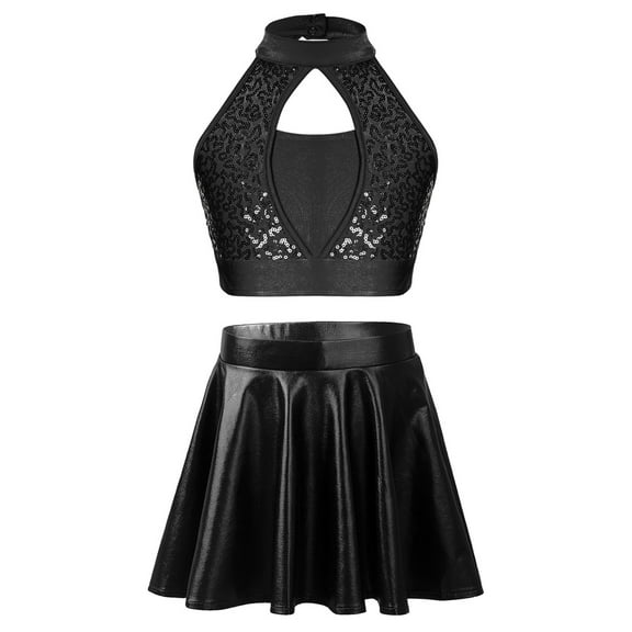 YIZYIF Kids Girls Cheer Leader Outfit Crop Top with Metallic Ruffled Skirt Modern Jazz Dance Performance Costume Black 10