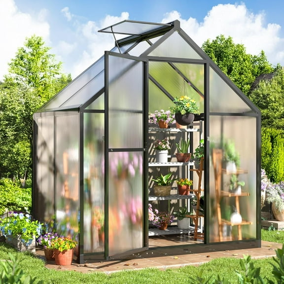 WKM Greenhouse for Outdoors 4x6 FT, Polycarbonate Green House with Roof Vent and Quick Setup Structure, Aluminum Greenhouse for Garden Backyard, Black