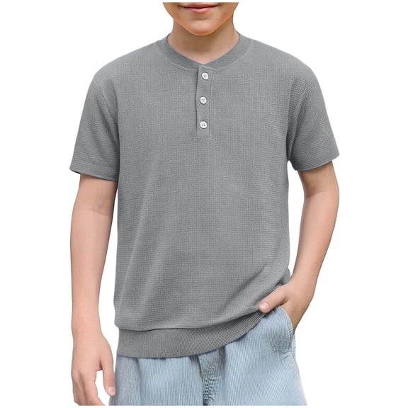 Boys Waffle Knit T-Shirt Henley Neck Button Down Short Sleeve Shirts Kids Fashion Casual Loose School Summer Tops