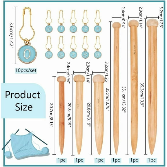 1 bag 6 Pcs 6 Sizes Large Knitting Needles 10 Pcs 0-9 Numbers Alloy Enamel Flat Round Stitch Markers Bamboo Circular Knitting Needles for Yarn Beginner DIY Fabric Crafts Crochet