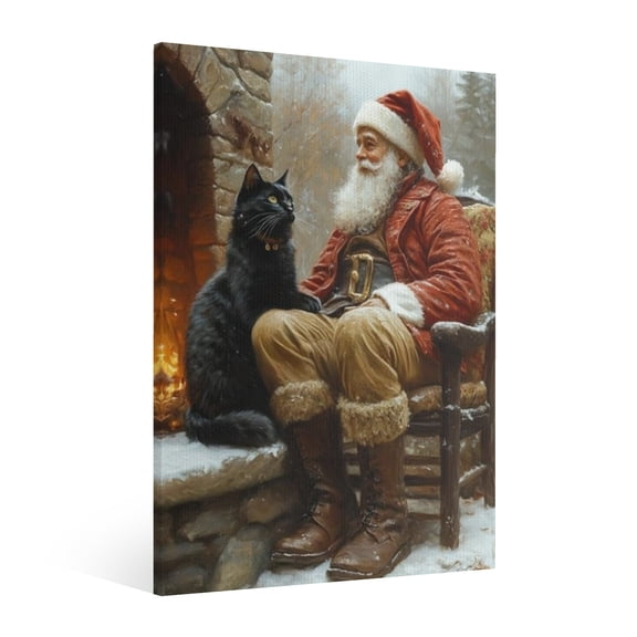 Vintage Christmas Santa Claus and Black Cat Wall Art Paint - Retro Xmas Festive Winter Holiday Christmas Wall Decor Canvas for Living Room Kitchen Bathroom Home Bedroom Decor Framed