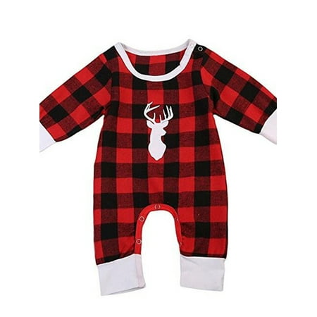 

MODERNFKID Christmas Kid Baby Girls Boys Checked Jumpsuit Xmas Elk Printed Party Long Sleeve One Piece Romper Age Range 0M-24M