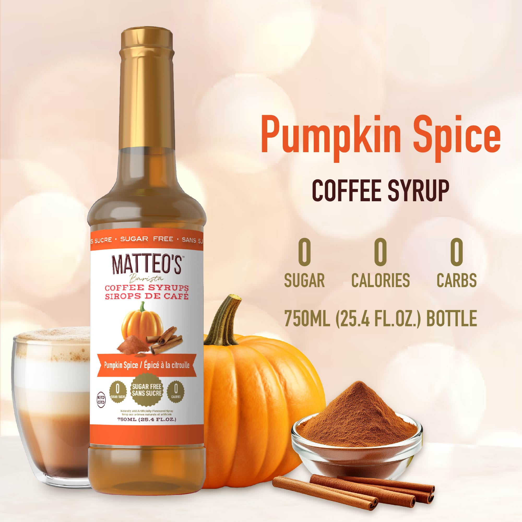 Matteo's Sirop Aromatisant Sans Sucre pour Café, Épice de Citrouille, Délicieux Sirop de Café, 0 Calories, 0 Sucre, Compatible Keto