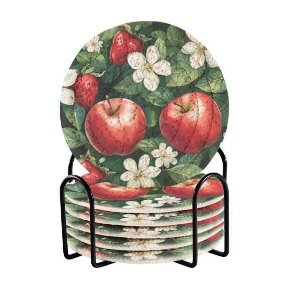 Yayeee 6 PCS Drink Coasters with Holder Set Woven Absorbent Round Tabletop Hot Pad, Red Apple Pattern