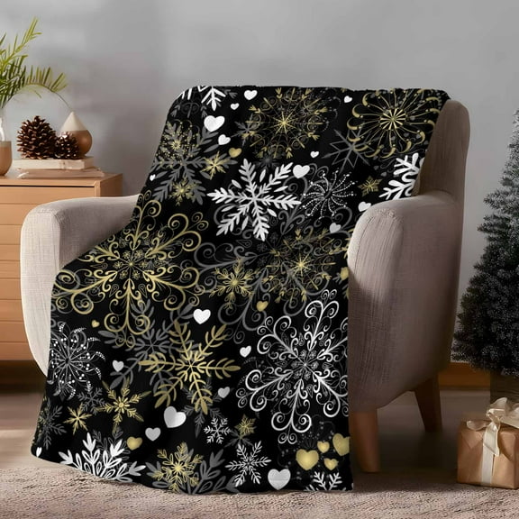 Throw Blanket Fleece Throw Blanket 40x50in, Abstract Gold Christmas Snowflakes on Black Soft Lightweight Bed Blankets Love Heart Fuzzy Couch Blankets for All Season