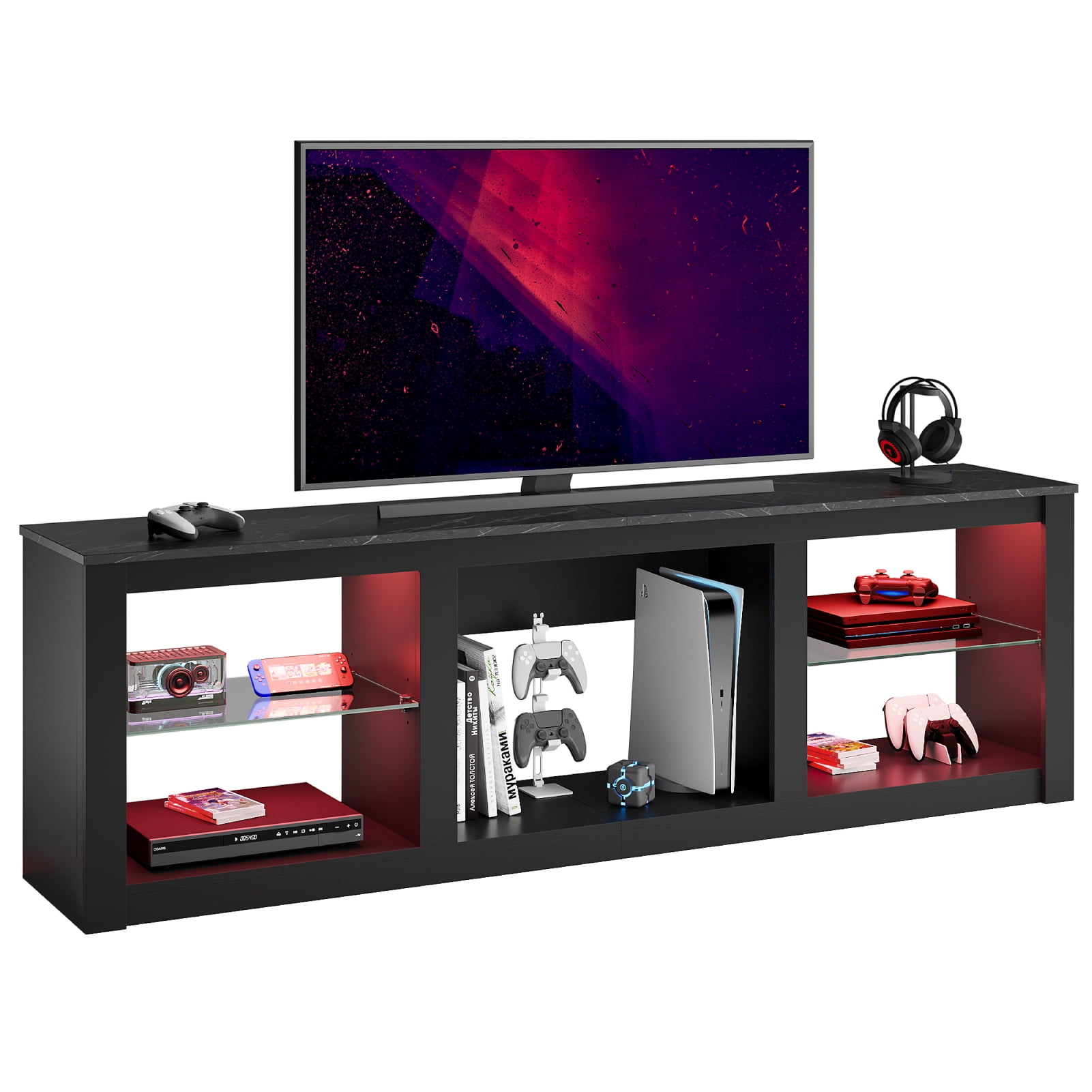 Bestier LED TV Stand for TVs up to 75'', Modern Entertainment Center with Remote Controlled RGB Lights, Adjustable Glass Shelves & Open Storage, Media Console for Living Room, Black