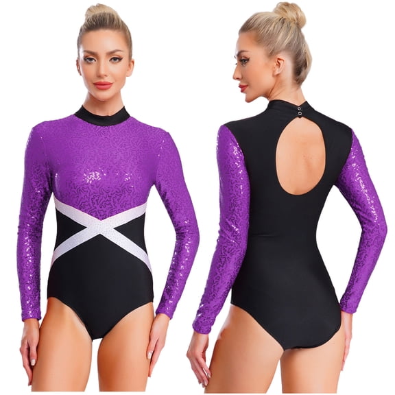 Aislor Gymnastics Leotards for Women Sparkly Ballet Dance Long Sleeve Jumpsuit Purple XXL