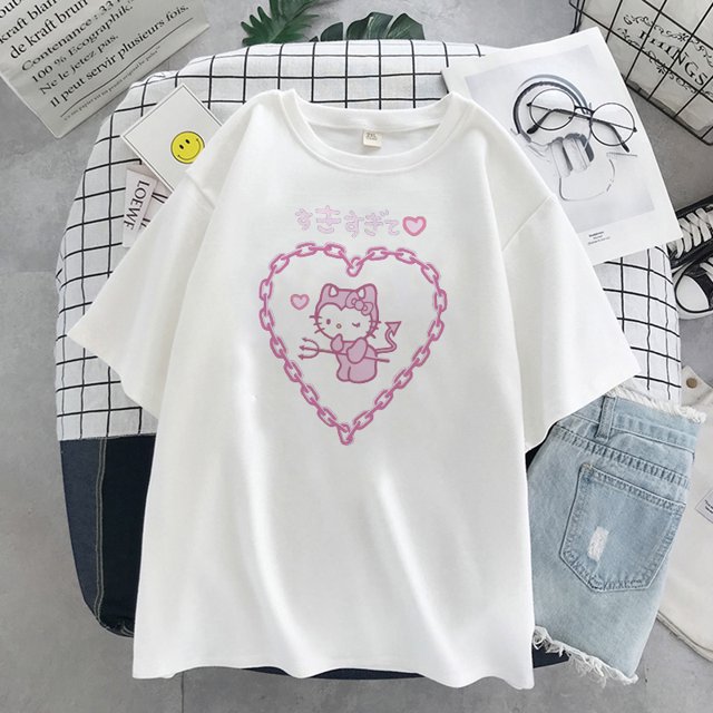 Camiseta feminina de manga curta plus size, fashion e fofapangjing
