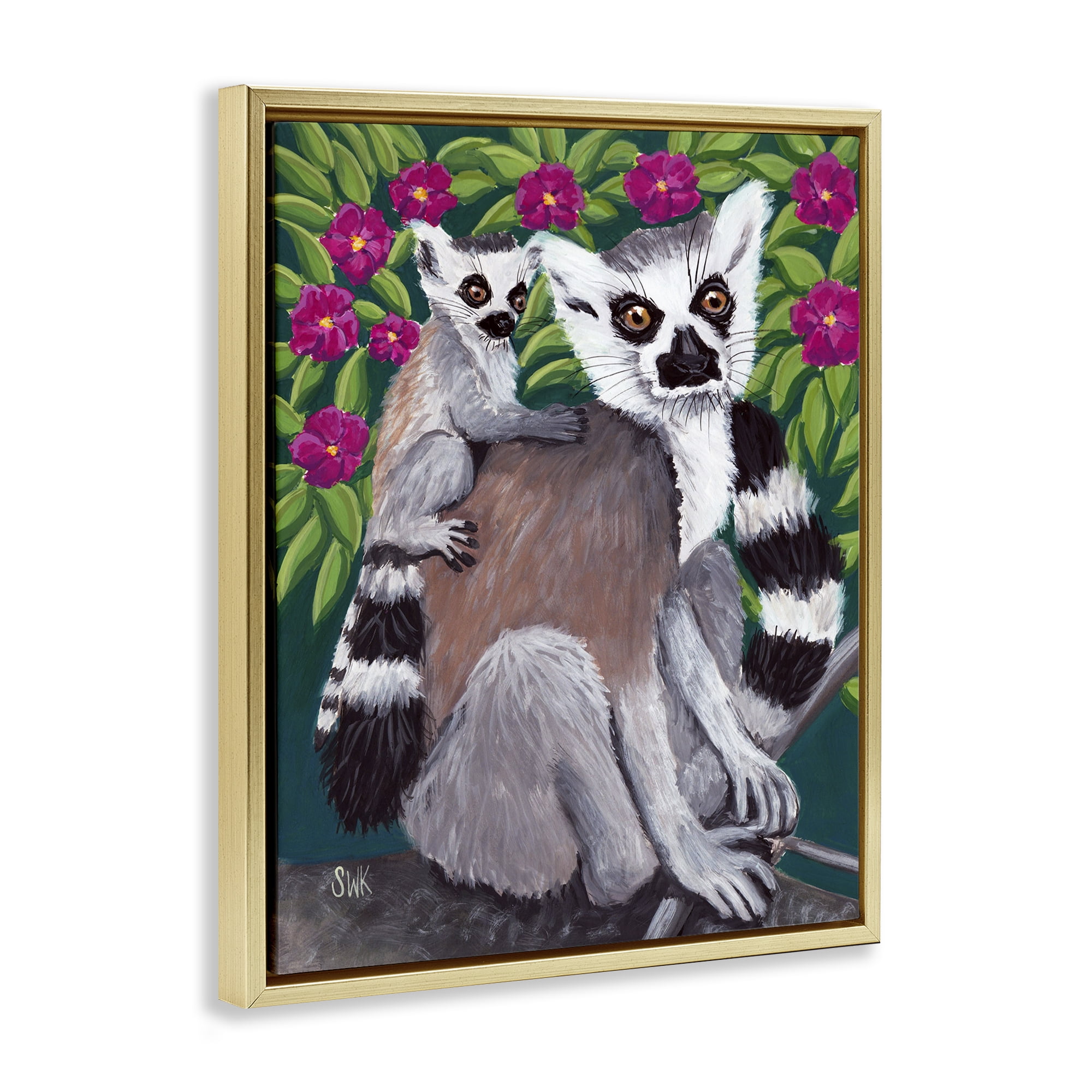 Stupell Industries Ring Tailed Lemur Mama & Baby Gold Framed Floater Canvas Wall Art, design by Sarah Waldron Kimball