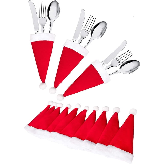 10 piezas de soportes para cubiertos con forma de sombrero de Papá Noel para Navidad: vajilla para mesa de cena para fiestas de Navidad, suministros de decoración de cubiertos