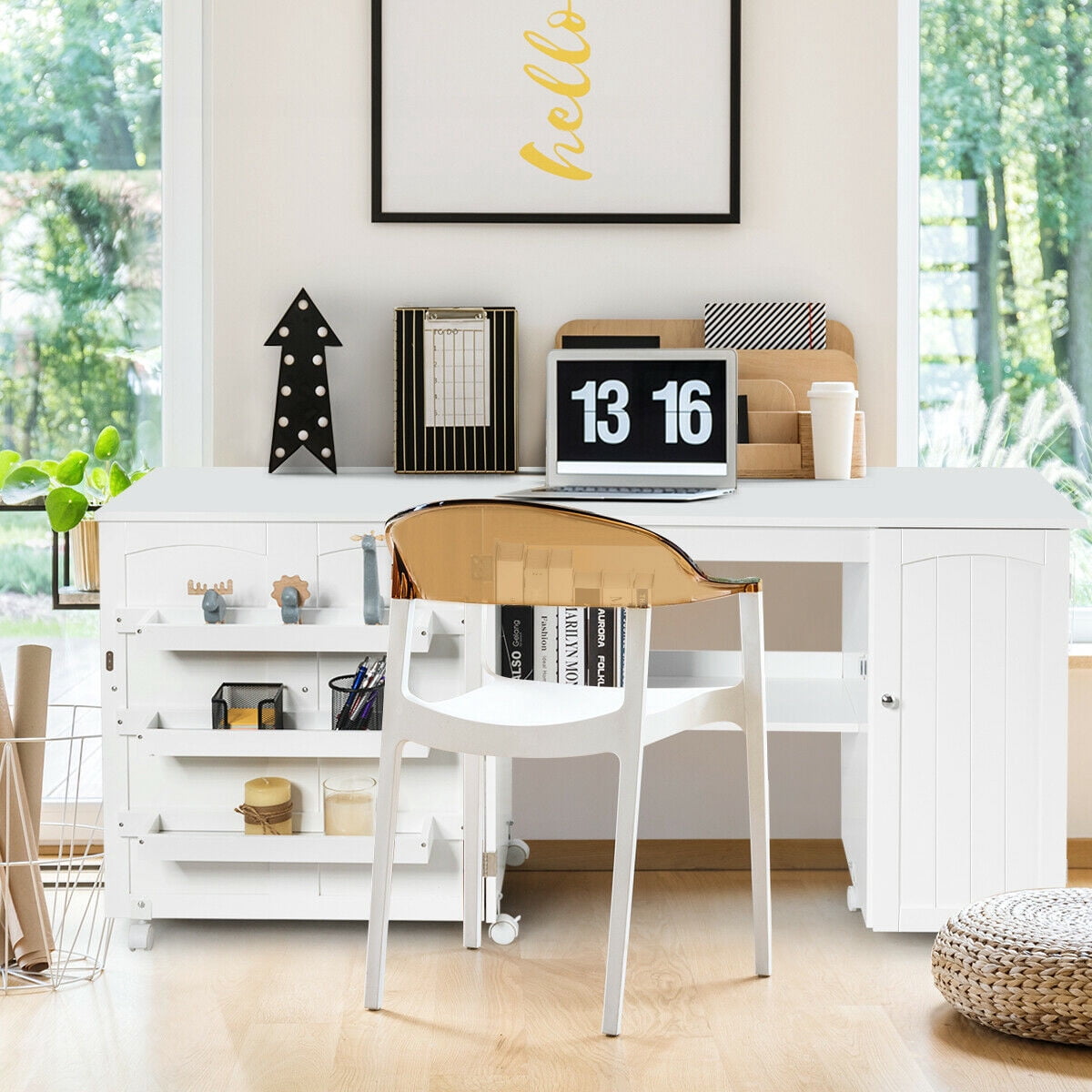 Gymax Folding Sewing Table Shelves Storage Cabinet Craft Cart W/Wheels Large White