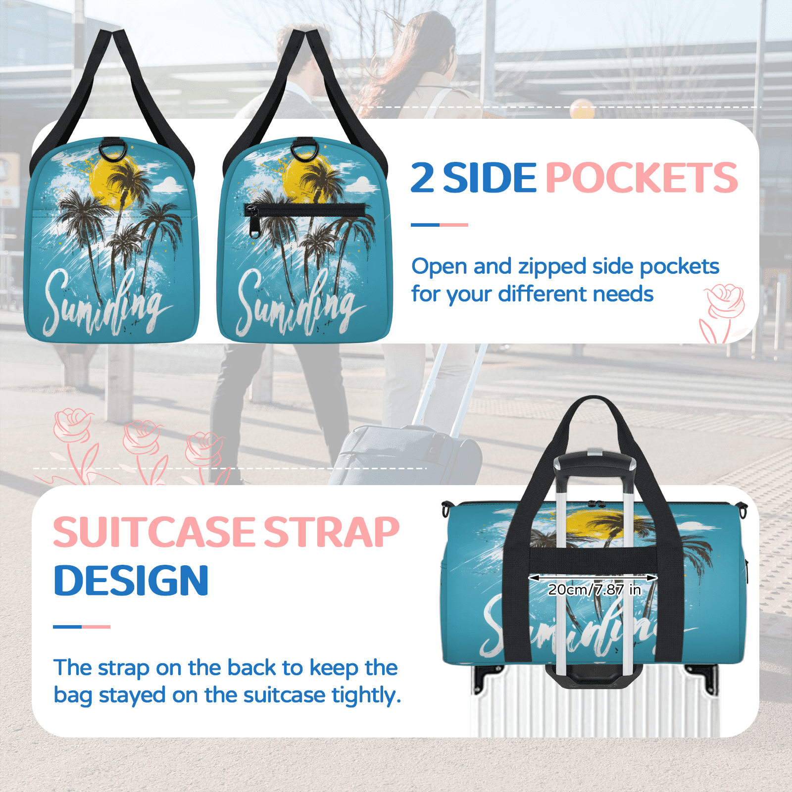 Herdesigns Tropical Beach Travel Duffle Bag Sports Yoga Weekender Overnight Carry on Workout Bags Lightweight Waterproof Gym Tote Bag for Women Palm Tree Summer