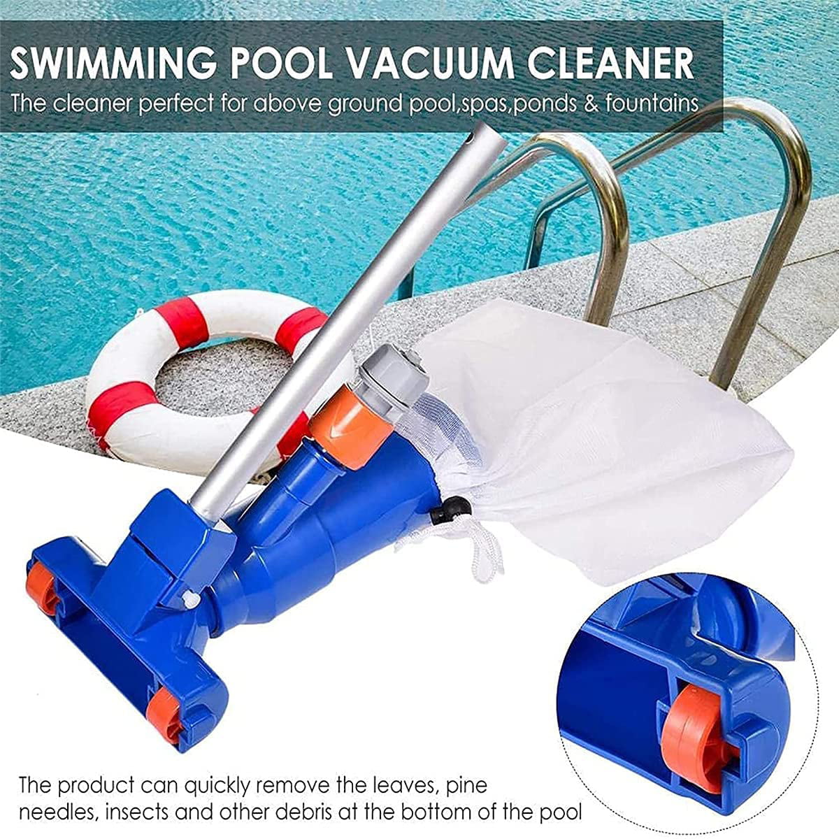 Swimming Pool Cleaning Vacuum Cleaner w//Brush 40 Adjustable 3 Piece Expandable Step-Up Thicken Telescopic Pole with Universal Fit Handle-Attaches to Garden Hose Bag As Show