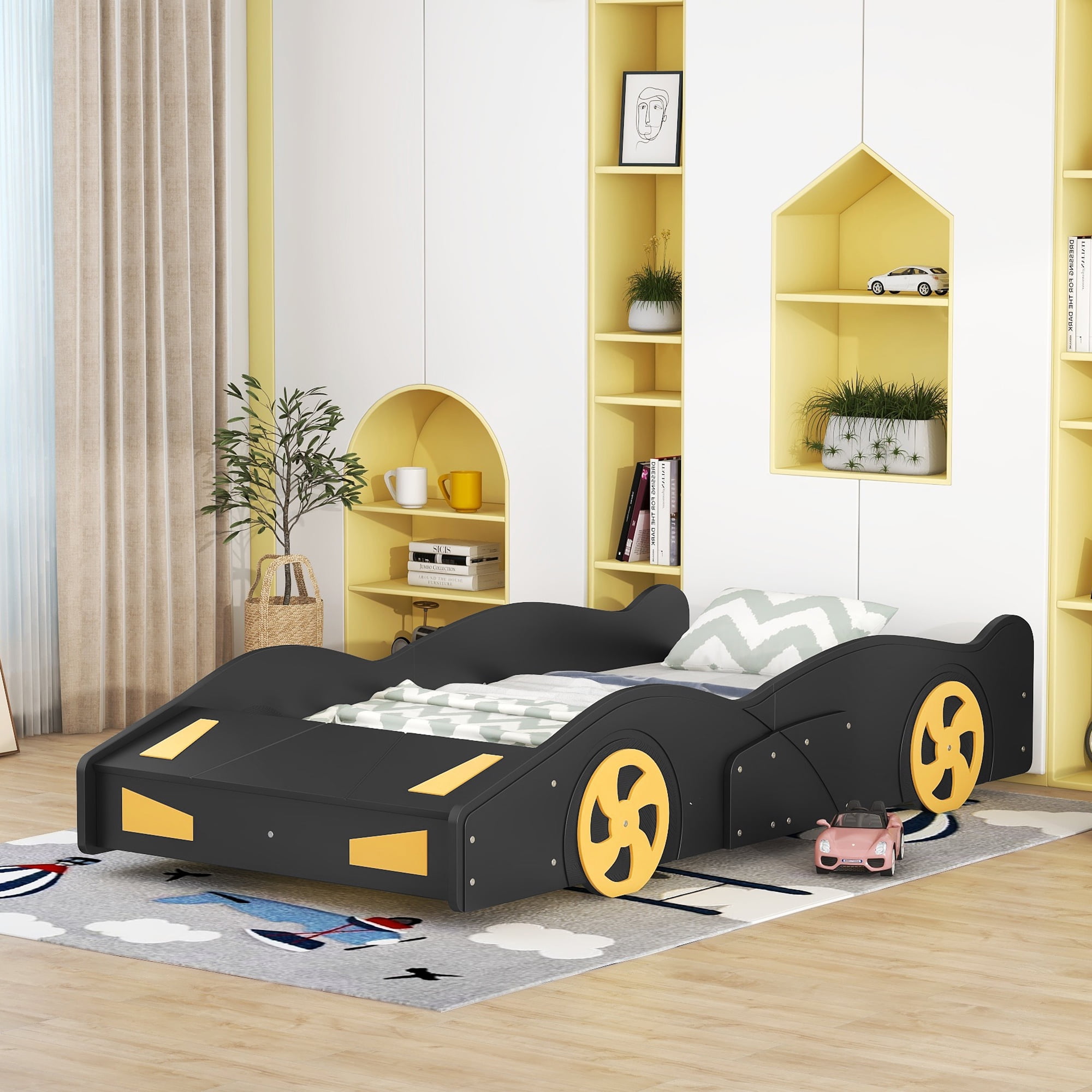 Yoneston Twin Size Kids Race Car-Shaped Platform Bed, Solid Wood Guardrails Platform Bed Frame with Wheels and Storage for Kids Boys and Girls, Black