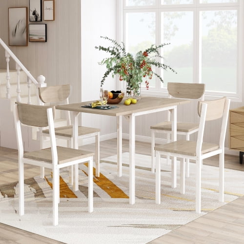 5-piece Modern Metal Dining Set with 1 Drop Leaf Dining Table and 4