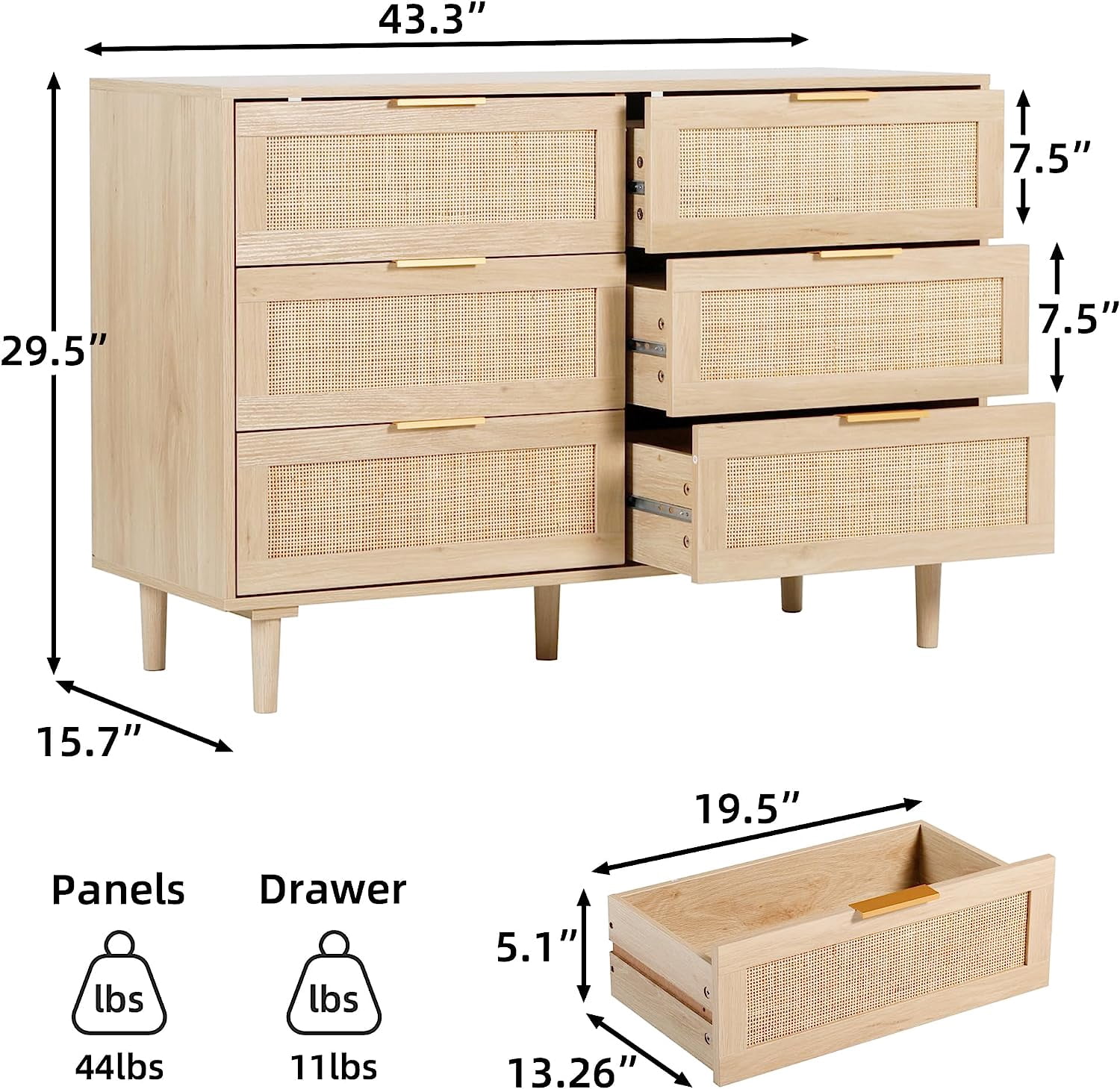 LAZZO 6-Drawer Rattan Dresser, Modern Chest of Drawers, Wooden Storage Organizer for Bedroom, Living Room & Hallway, Natural Wood Color