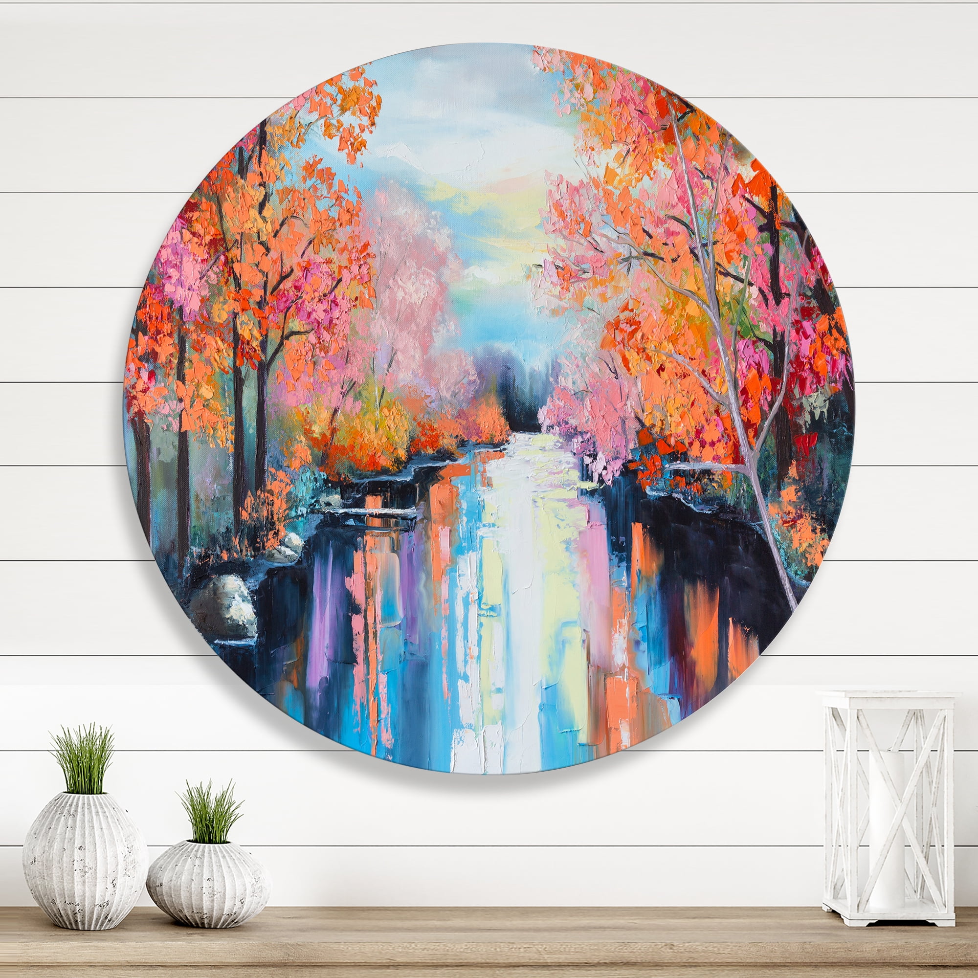 Designart 'The River Through Orange Autumn Forest' Lake House Circle Metal Wall Art 23x23 - Disc of 23