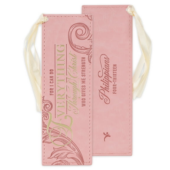 Christian Art Gifts Pink & Gold Faux Leather Premium Bible Verse Bookmark for Women: Everything Through Christ - Philippians 4:13 Inspirational Scripture w/Satin Ribbon, Cute, Sturdy, Floral Debossed