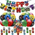 thumbnail image 3 of Avenger Hero Theme Cartoon style Birthday Decoration Kits，Party Supplies Including Banner, Balloons, Cake Toppers, Cupcake Toppers，Background Flag., 3 of 4