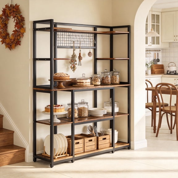 KIOOTTO 67" Carbon Iron Professional Culinary Station – 5-Tier High-Capacity Storage Command with Integrated 11-Zone Modular Matrix, 11 Lateral Utility Hooks, and 500lb Load Rating in Smoked Oak