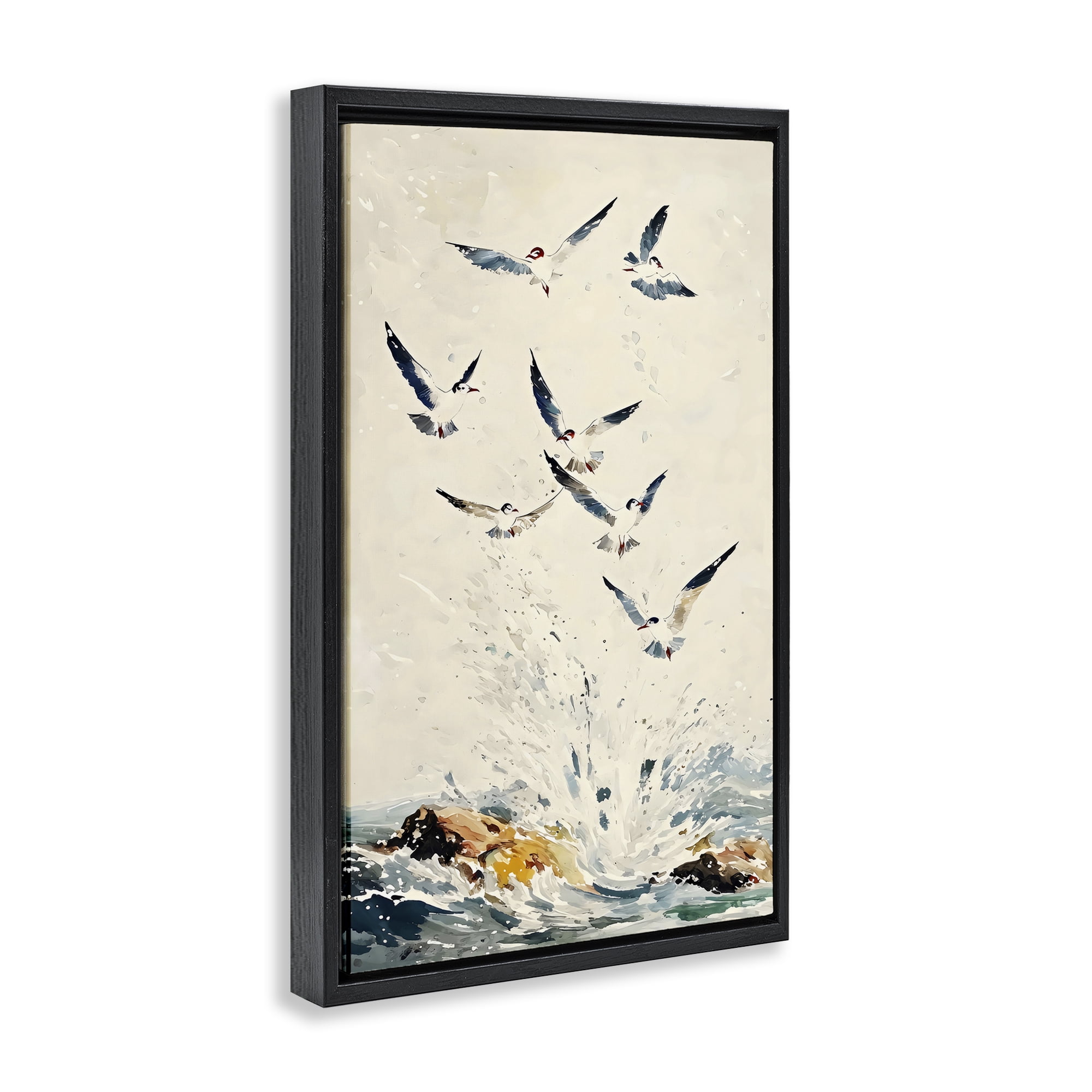 Stupell Industries Waves of Seagulls over Rocks Black Framed Floater Canvas Wall Art, design by Creative Studio