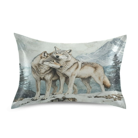 JSTEL 2 Wolves Snow Montain Satin Pillowcase Standard Size Pillow Cases Envelope Closure Bed Pillow Cover, 20 x 26 inch