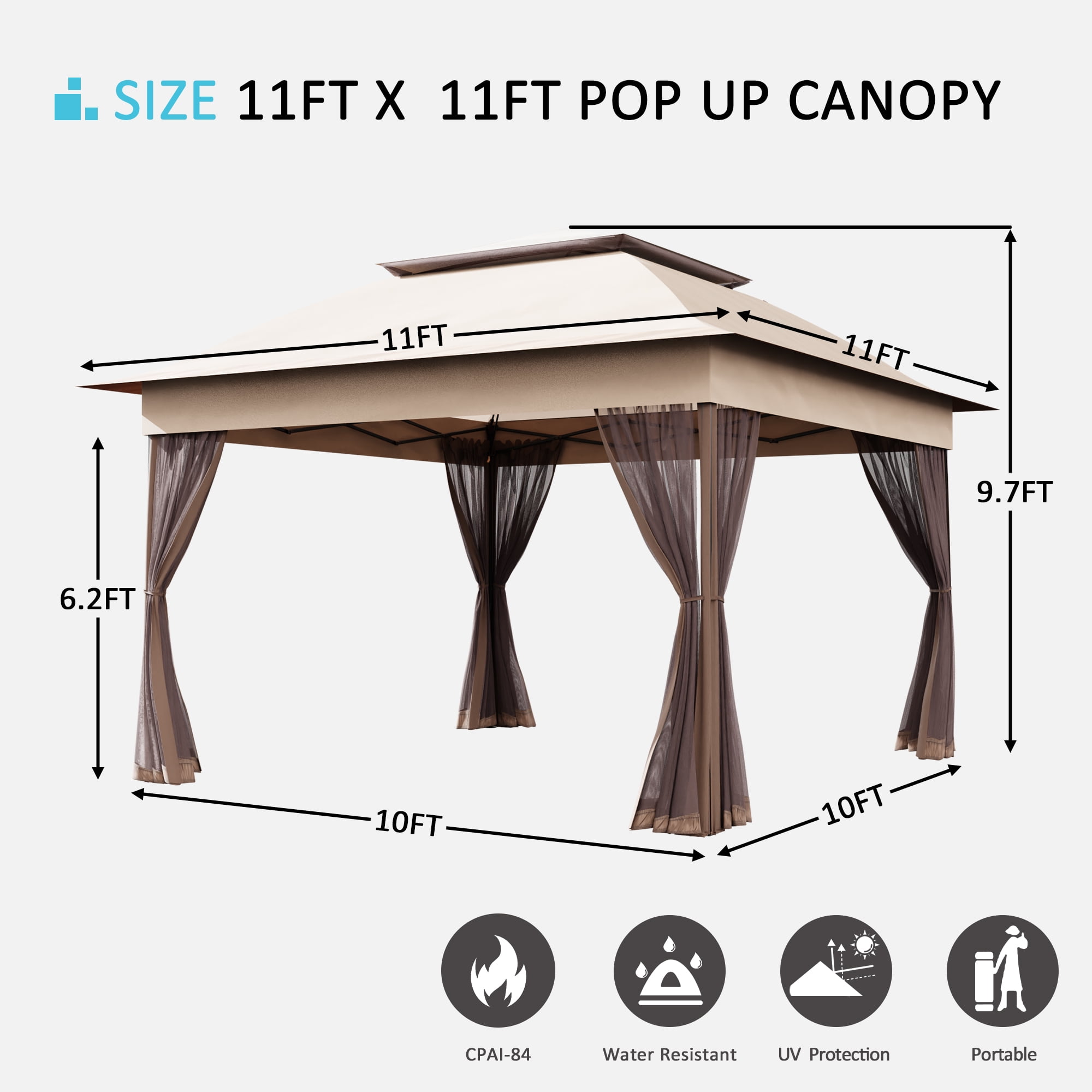 Meetleisure 11'x11' Pop Up Gazebo for Patios, Outdoor Canopy Tent with Sidewalls, Mosquito Netting, Pop Up Shelter for Wedding Party, Beige