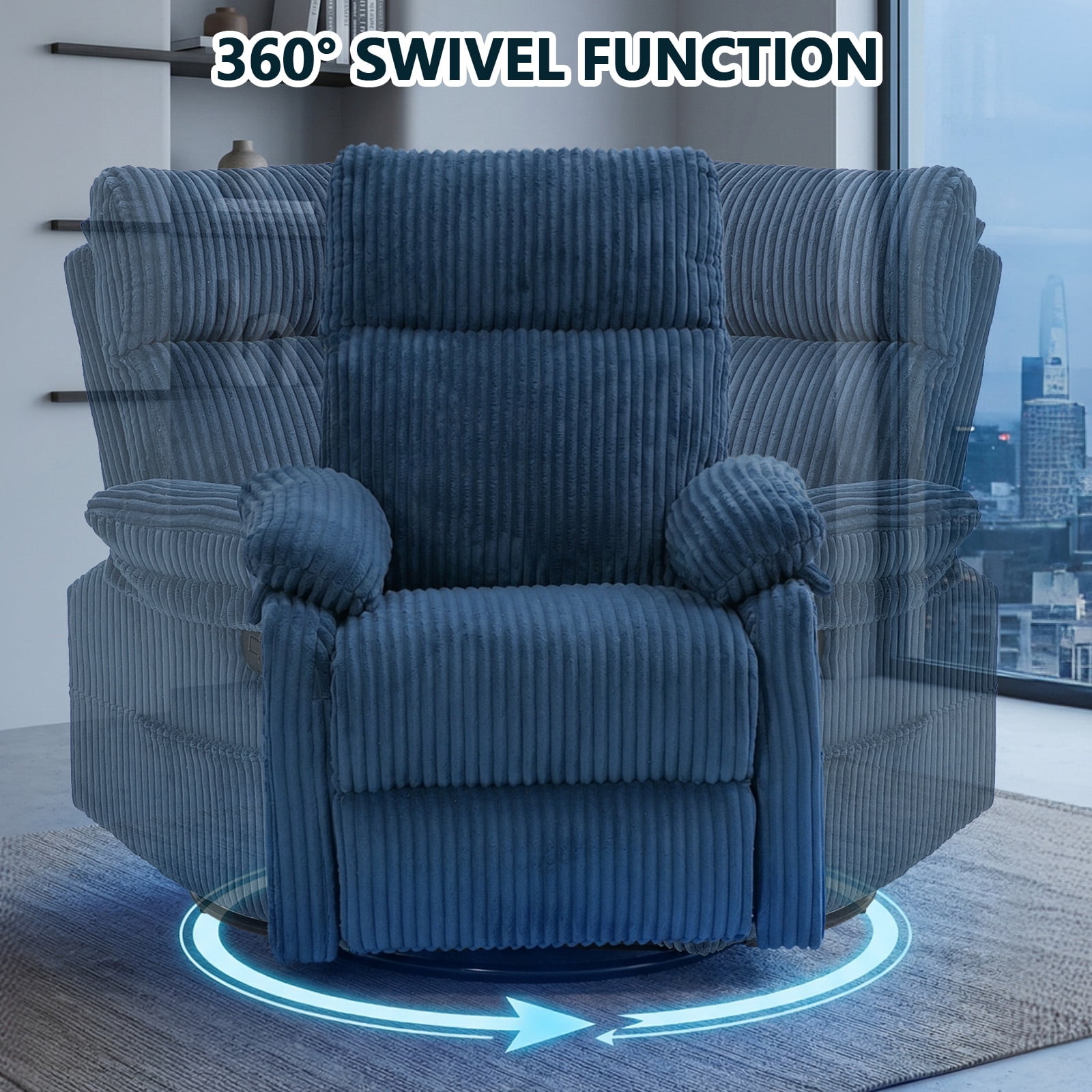 Leumius Swivel Recliner Chair,360° Swivel Rocker Chair for Living Room,Upholstered Nursery Glider Recliner Chair for Small Spaces,Manual Recliner for Adults for Home Theater,Blue