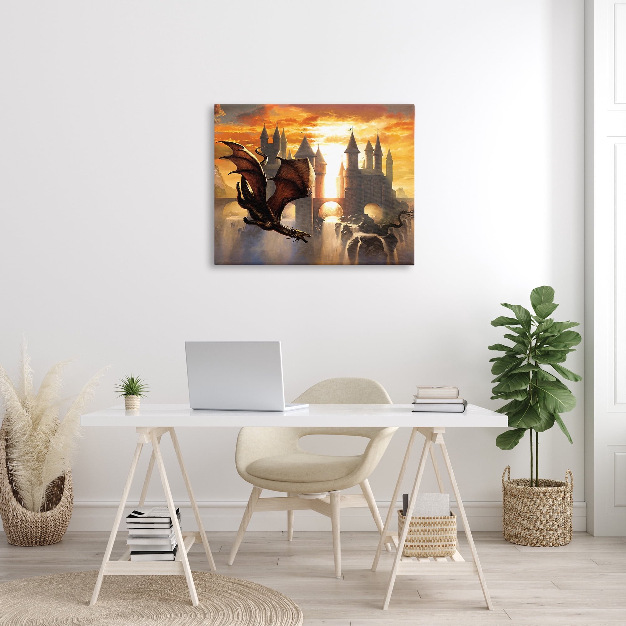 Stupell Industries Dragon & Castle Waterfall Fairy Tales & Fantasy Painting Gallery Wrapped Canvas Art Print Wall Art, 40 x 30