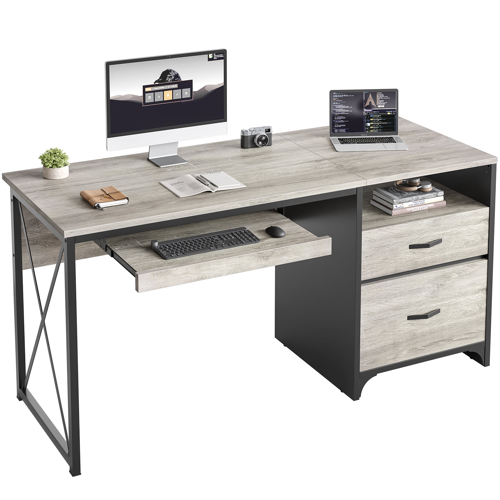 Bestier 55 inches Computer Desk with Storage Drawers & Keyboard Tray & File Drawer Home Office Desk in Gray
