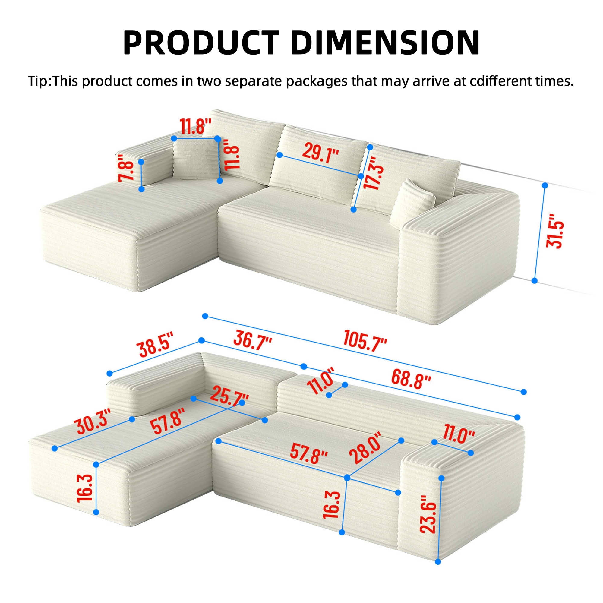 MAYEERTY 107" Cloud L-Shaped Modular Sectional Sofa with Left Facing Chaise, Plush Corduroy Deep Seat 3-Seater Couch, Cloud Sofa for Living Room, Apartment & Bedroom, No Assembly Required, White