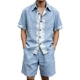 thumbnail image 3 of Migroa Men's Linen Shirts Shorts Outfits Beach 2 Pieces Sets Button Down Suit Casual Summer Tracksuit Vacation Clothes Matching Outfits Light Blue S, 3 of 8