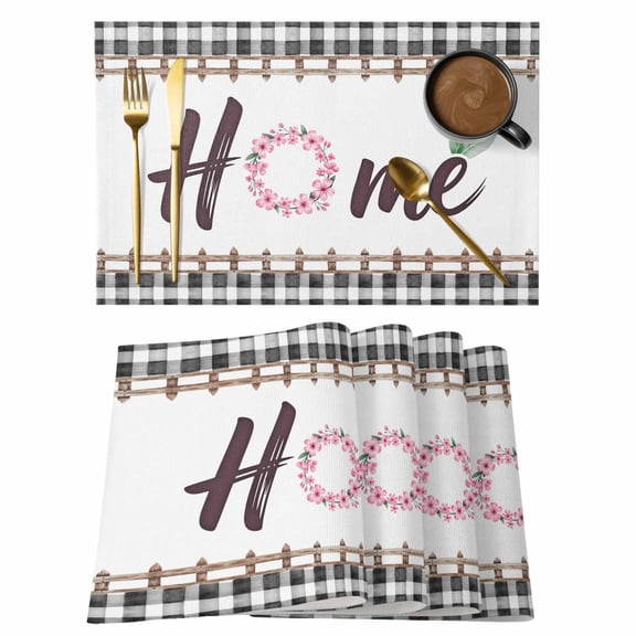 Home Placemats Set of 8, Spring Flower Ring Leaf Wooden Barriers Gray White Plaid Non-Slip Place Mats Washable Table Mats for Kitchen Dining Table Decorations Indoor/Outdoor